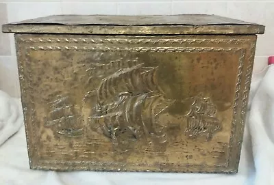 Vintage Antique Edwardian (?) Embossed Brass Galleon Ships Log Coal Box Fireside • £70