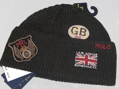 POLO RALPH LAUREN Men's Great Britain Motorcycle Patch Trawler Beanie Hat OLIVE • $79.96