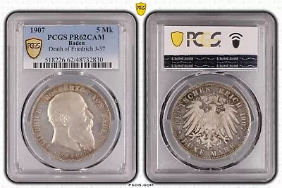 Coin Baden 5 Mark 1907 Death Friedrich I PCGS PR62CAM Proof Pf Rare Nswleipzig • $541.21