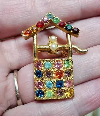 Vintage Goldtone Rhinestone Well Brooch Pin Colorful MCM Luck Jewelry Excellent  • $24