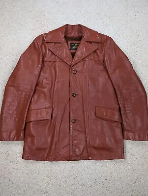 VINTAGE Genuine Leather Jacket Mens 40 Red Brown Sherpa Fleece Lined Button 70s • $49.94