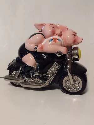 Biker Hogs Cookie Jar Ceramic Pigs On Motorcycle Hand Painted 1999 Clay Art • $59
