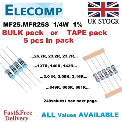 1/4W Metal Film PRECISION Resistors 1% E96 Values 127K-10.5M 5pcs/Pack UK Stock • £5.49