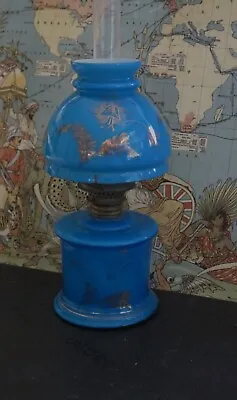 ITEM #112 Art Glass Miniature Oil Lamp In Stunning Rare Bright Blue • $415