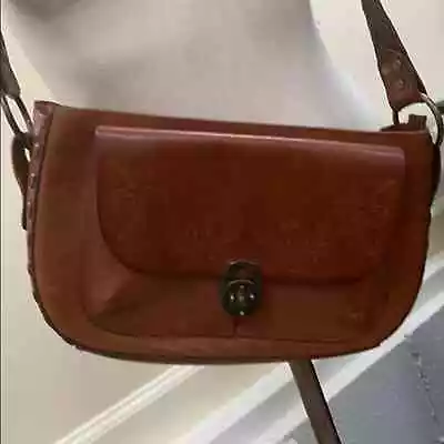 El Portal Brown Leather Tooled Crossbody Bag Dial Closure • $55