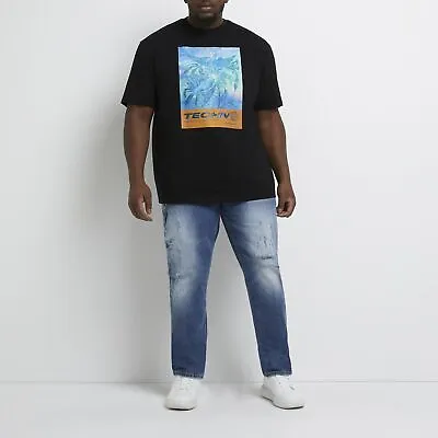 £6 • Buy River Island Mens T-Shirt Graphic Big & Tall Black Crew Neck Short Sleeve Top