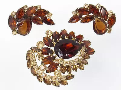 D&E For MADELEIINE Big Golden Topaz Brown Rhinestone Layered Brooch Earring Set • $65