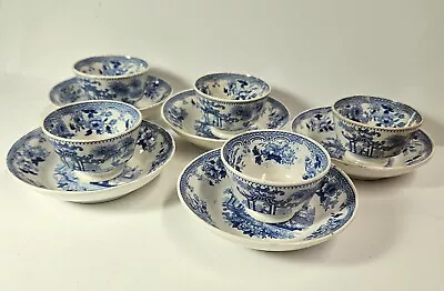 Antique 19th C Blue Transferware 5 Handleless Tea Cup & Saucer Chinese Oriental • $145