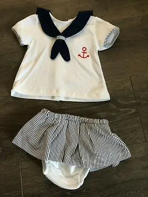 Summer Baby Girls White Navy Sailor Suit Anchor 2 Piece Cotton Outfit  • £15.99