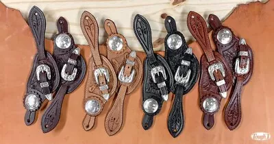 Western Leather Spur Straps - Silver Accents - Floral Tooling - 4 Color Choices • $32.45