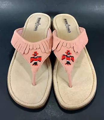 Minnetonka Pink Suede Flip Flop Thong Sandals Women's Sz 11 Fringe Beaded Eagle • $24.99