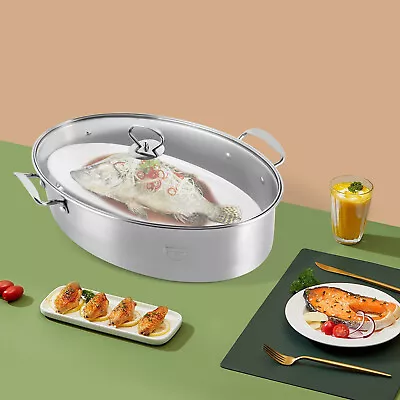 Multi-function Roaster Fish Steamer Non-toxic W/Lid & Rack Stainless Steel US • $43