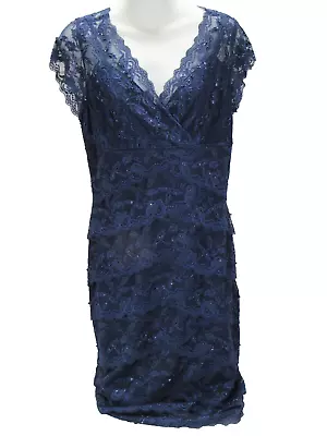 Marina Blue Beaded Lined Dress 10 [34 Bust 30W 36 Hips 38L] Lace Overlay Tiered • $19.29