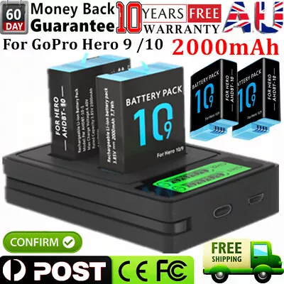 2/4x 2000mAh Rechargeable Battery / USB Dual Charger For GoPro Hero 9 Hero 10 AU • $56.99