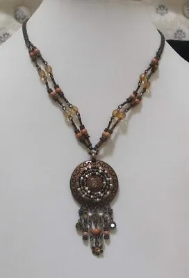 Vtg 2003 AVON “Earthtone Fringe” Copper Tone Necklace Beaded Aztec Medallion • $9.98