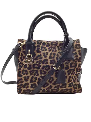 Michael Kors Women's Purse Black Leather Leopard Print Elf Hair Mercer Satchel • $148.99