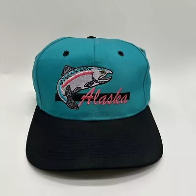 Alaska Tourist Salmon Fishing 90’s Teal SnapBack Hat Cap Destination Anchorage • $12