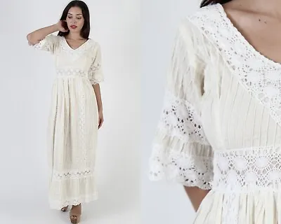 Cream Mexican Bell Sleeve Crochet Wedding Gown Vtg Embroidered Fiesta Maxi Dress • $112.10