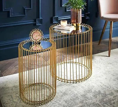 £55 • Buy Set Of 2 Round Cage Table Mirror Top Coffee Table Side Table Living Room Gold