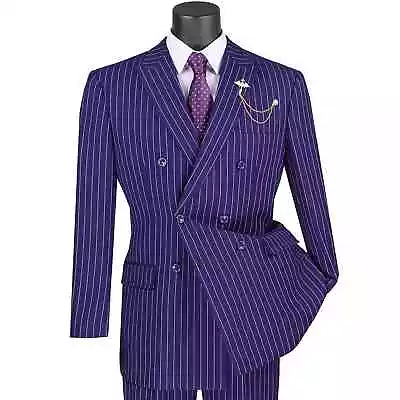 VINCI Men's Gangster Pinstripe Double Breasted 6 Button Classic Fit Suit NEW • $100