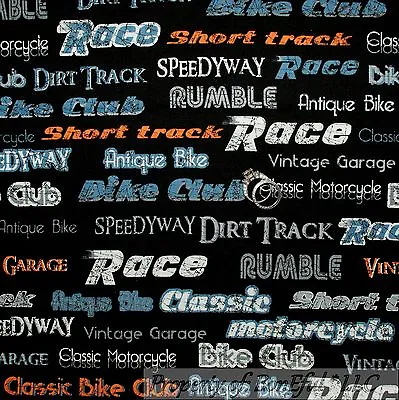 BonEful FABRIC FQ Cotton Quilt Black B&W Gray Race Car Dirt Bike Motorcycle Word • $7.03