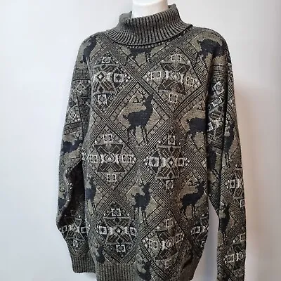 Vtg Boxy Pullover Sweater Deer Elk Buck Turtleneck Ugly Grandpa Nordic Ski Sz XL • $27.11