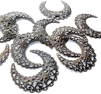 10 Crescent Moon Filigree Stamped Embellishment Shapes Bronze Tone 42mm Craft • £1.99