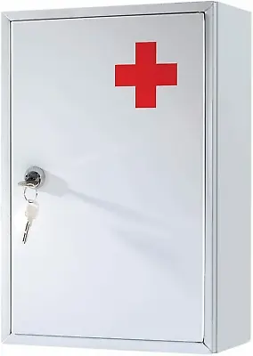 Lockable Cabinet Metal Wall Mounted Medicine Cupboard First Aid Box Glass Door • £22.99