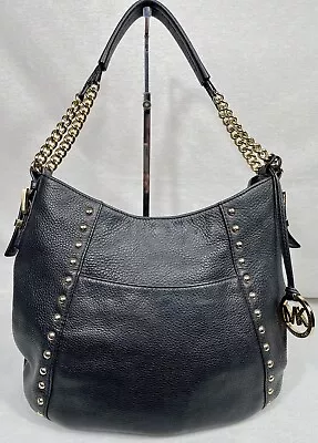 😎😎😎MICHAEL KORS Portland Pebble Leather Satchel Purse Black & Gold-tone Trim • $115