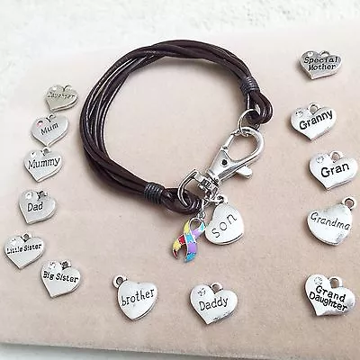 £5.99 • Buy Real Leather Wristband Bracelet Autism Awareness Puzzle Ribbon & Family Charm