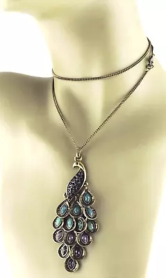 Vintage Style Bronze Tone Black Glass Peacock Dangle Pendant Necklace Chain • $52