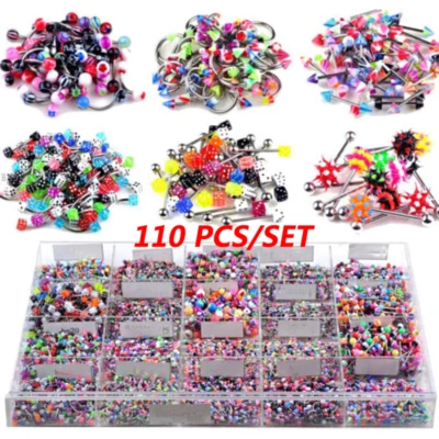 $5.99 • Buy 110Pcs Wholesale Mixed Body Piercing Jewelry Lip Eyebrow Belly Tongue Bar Rings