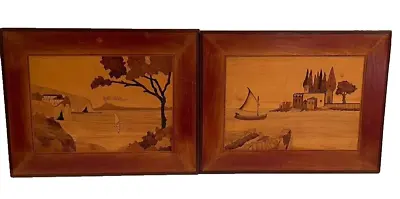 Pair 2 Vintage Wood Picture Marquetry Inlaid Italian Inlay Italy Coast Art • $35