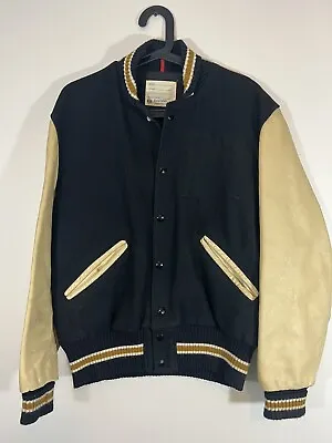 Vintage DeLong Leather Wool Letterman Varsity Jacket Black Made In US Size 40 • $49