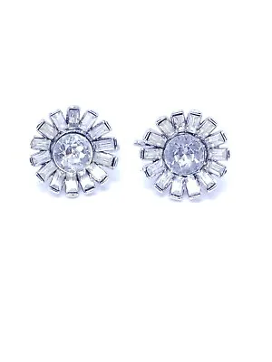 Vintage Crown Trifari Baguette Clip Huggie Earrings Flower Rhinestones Silver • $29
