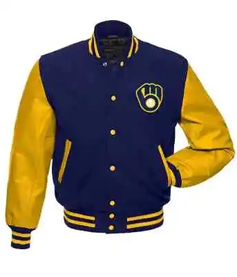 Letterman Milwaukee Brewers Blue And Yellow Varsity Jacket • $109