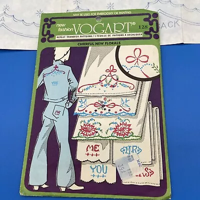 VOGART Hot Iron Transfers EMBROIDERY PATTERNS Vtg 60s/70s Flowers Mrs Mr You Me • $7.77