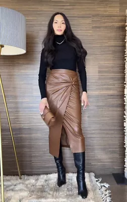 $49 • Buy Zara Nwt Woman Faux Leather Knotted Skirt Dark Brown | 3046/383 All Sizes
