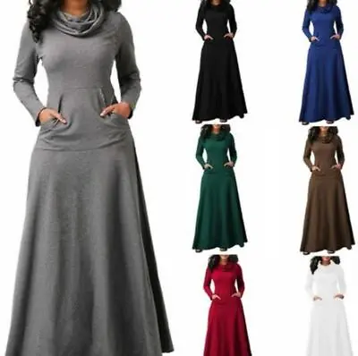 £4.60 • Buy Womens Casual Pocket Maxi Dress Ladies Long Sleeve High Neck Pullover Dresses