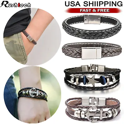 Multilayer Leather Bracelet Braided Men’s Women’s Wristband Bangle Jewelry Steel • $5.91