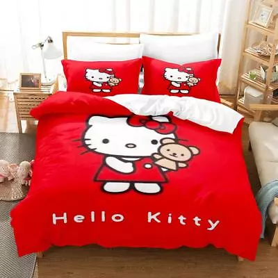 Red Hello Kitty Quilt Duvet Cover Set Queen Children Bedding Full Soft • $54.99