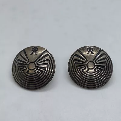 Vintage Native American Sterling Silver Man In The Maze 1  Disk Post Earrings • $31.19