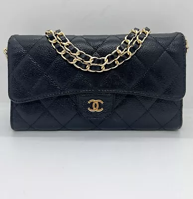 Chanel Black Quilted Caviar Leather Wallet With Chain Insert Gold Hardware • £800