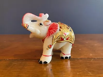 White Marble Carved Painted Lucky Elephant India  • $50