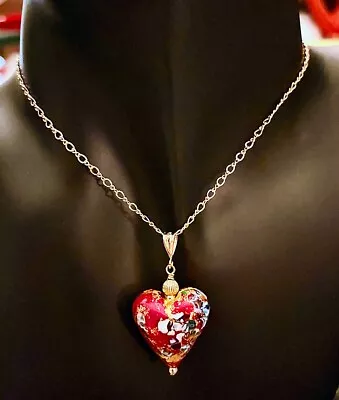 Gold Filled Red Venetian Murano Glass Klimt Style Earrings Pendant & Chain • $125