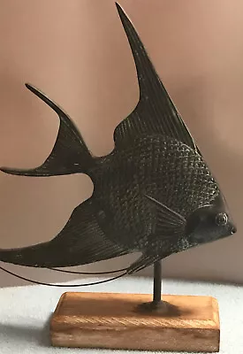 Vintage Metal Tropical Fish Sculpture On Wood Stand Bronze? Has Verdigris Color • $29.99