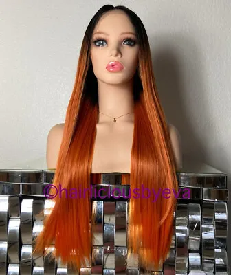 Orange Straight Wig Lace Front Ombré Black Middle Part 26 Inch Long Heat Ok • $49