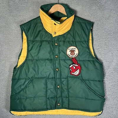 Vintage JCPENNY Down Puffer Vest Jacket Snap Adult XL Green Yellow Patches 80s • $17.34