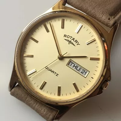 C2000s Gents Rotary G3002 Quartz Analog Day Date Battery Wristwatch.Gold Brown. • £31