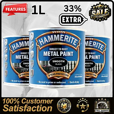 3x Hammerite Direct To Rust Metal Paint Smooth Black 33% Free 1L • £81.59